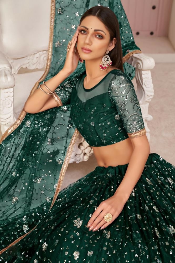 Parrot Green Butterfly Net Lehenga with Zari and Sequence Embroidery