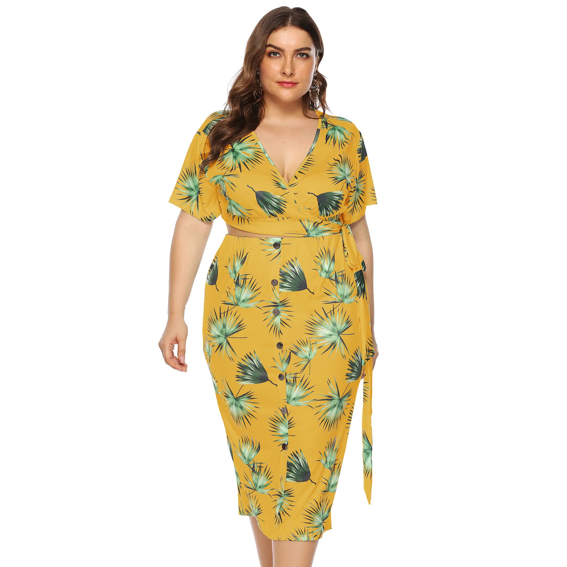 Yellow Printed V-Neck Crop Top and Button-Down Midi Skirt Set - Image 2