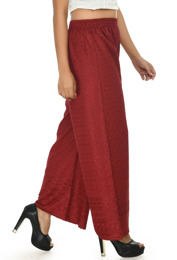 Maroon Rayon Cotton Palazzo Pants with Elegant Chikankari Work