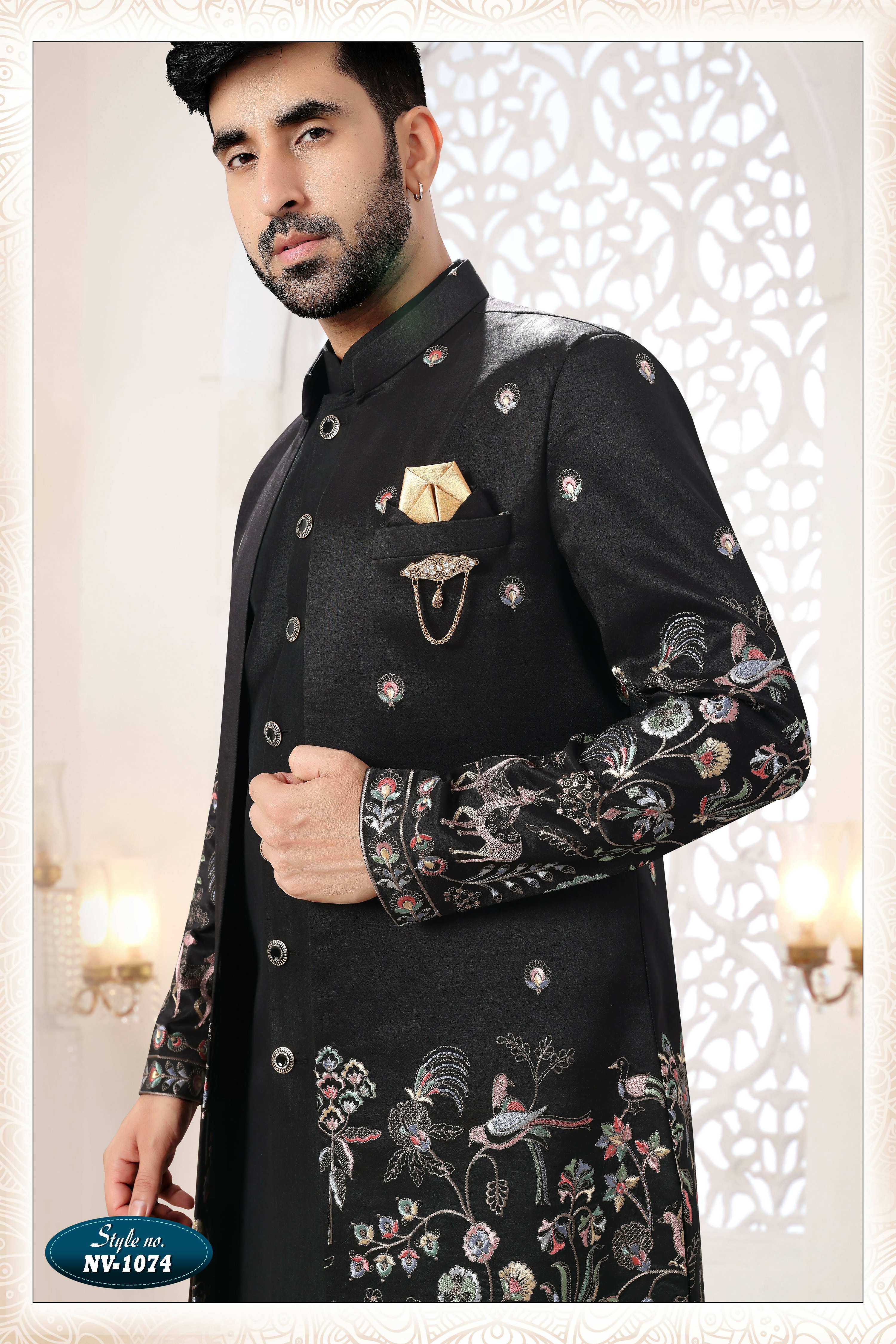 Men's Black Silk Thread and Sequence Embroidered 3 Pc Kurta Set