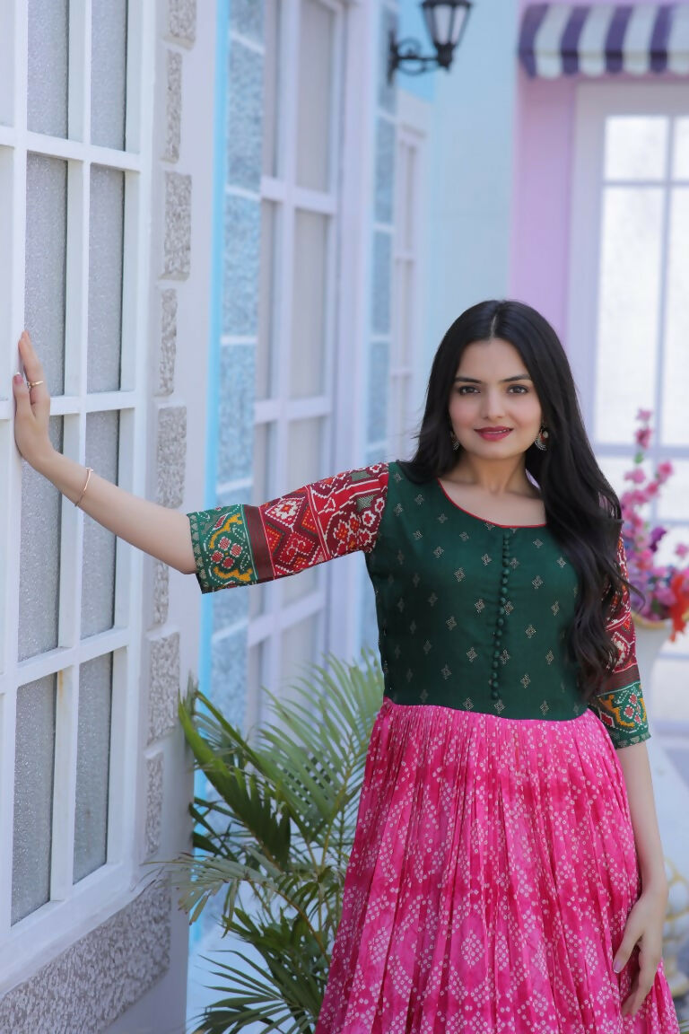 Pink Patola Foil Print Dola Silk Anarkali Dress for Women