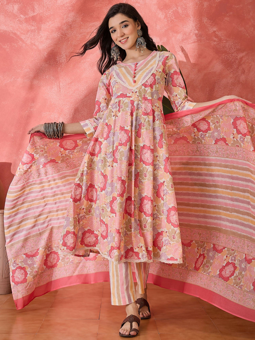 Printed Pink Pure Cotton Kurta Set for Women