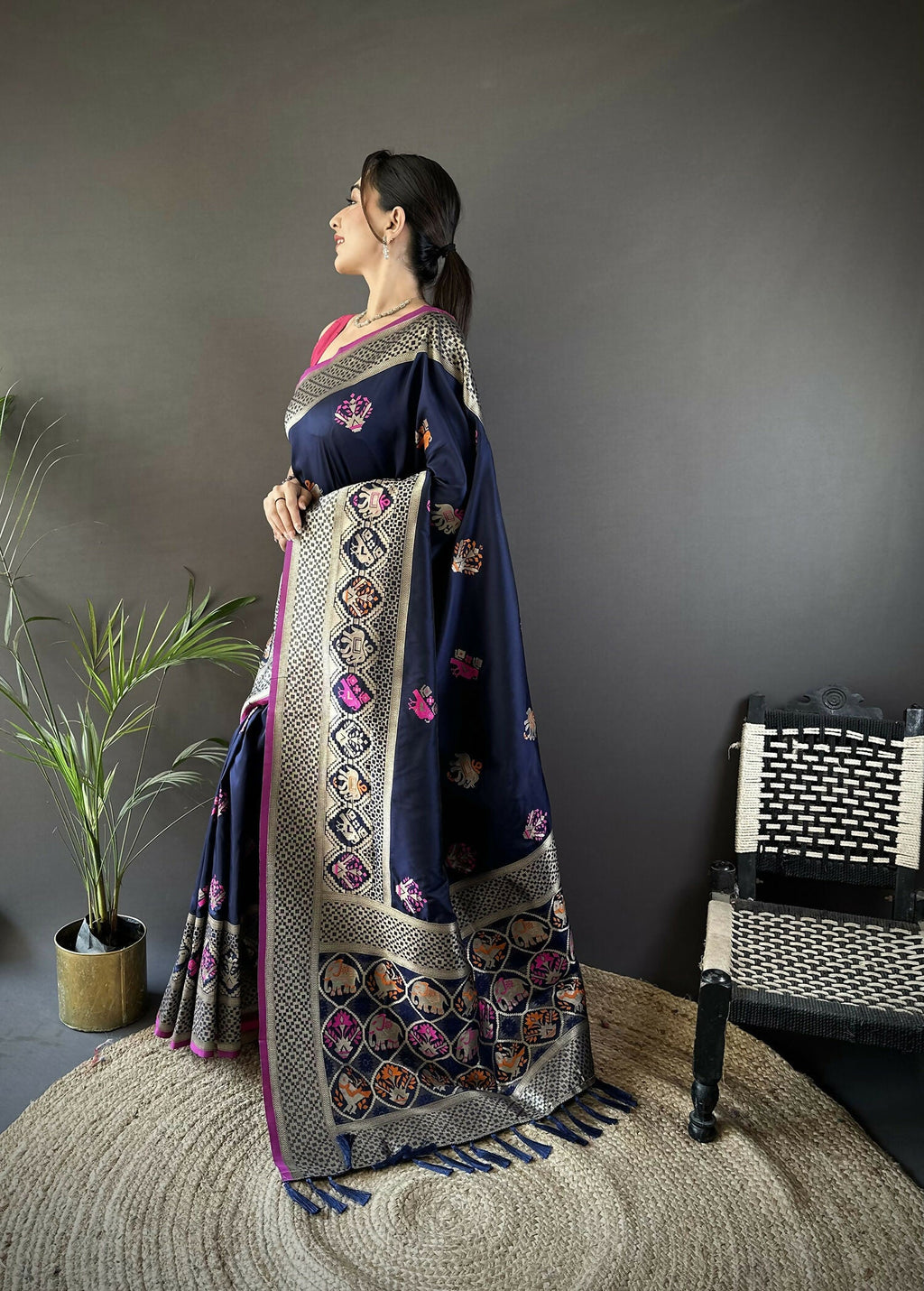 Navy Blue Elephant & Floral Motif Soft Lichi Silk Banarasi Saree