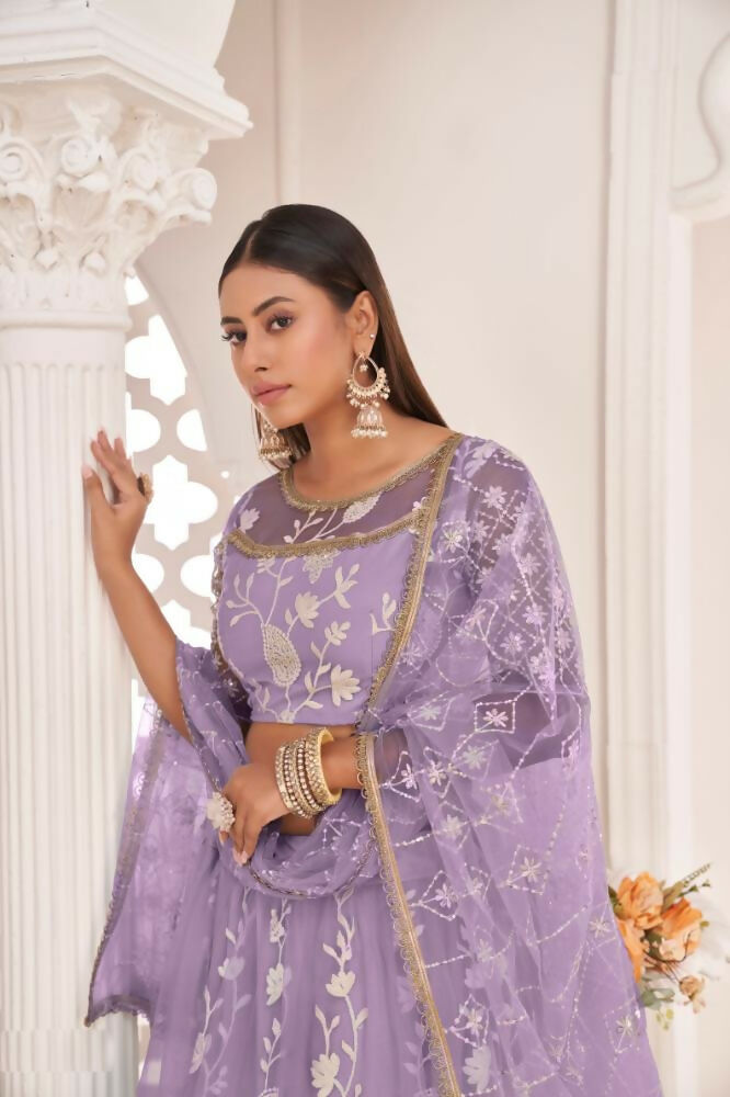 Lavender Butterfly Net Lehenga with White Cotton Thread and Zari Work