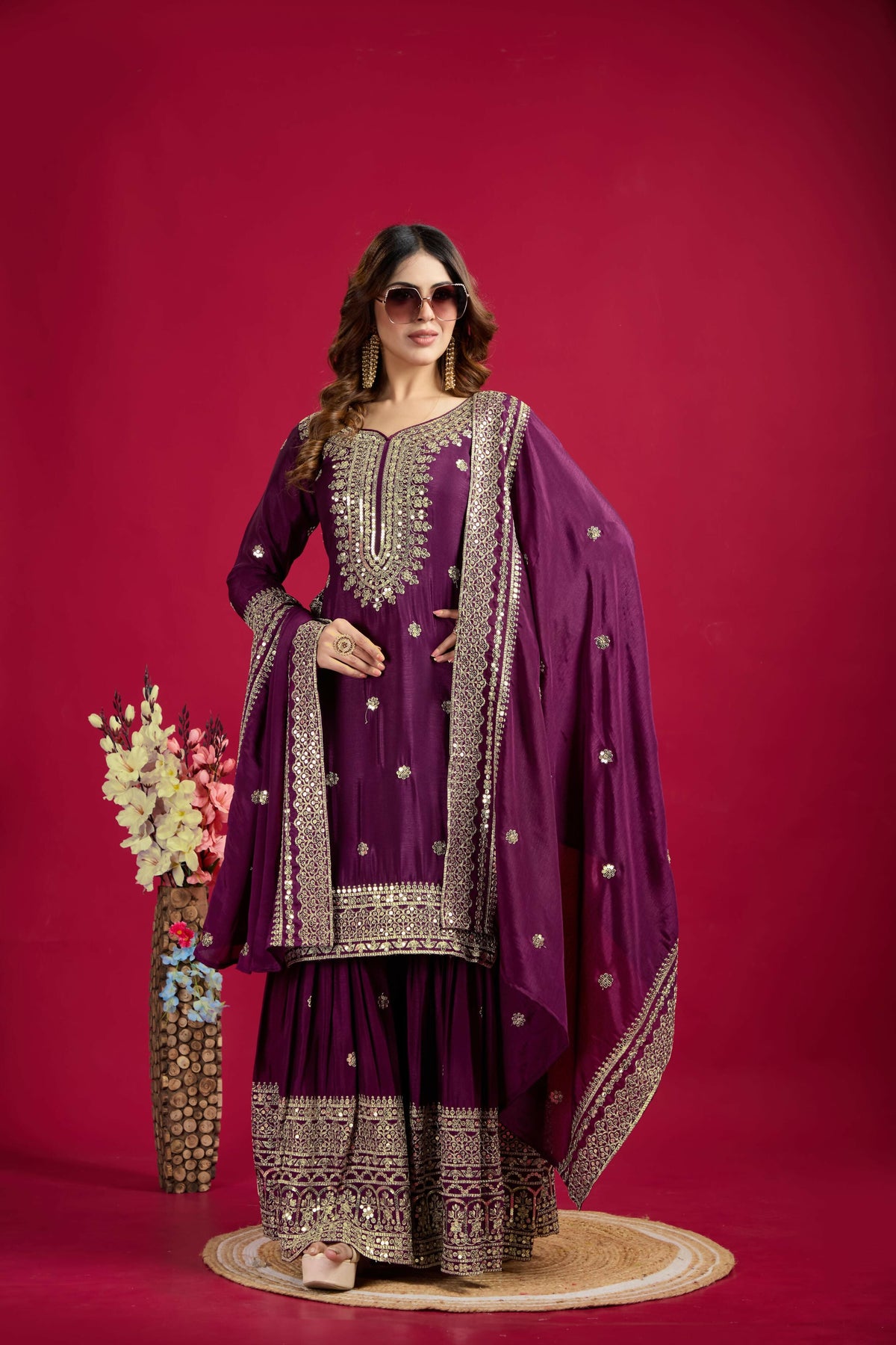 Violet silk kurta set with exquisite sequins, zari, and thread embroidery