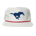 SMU Mustang embroidered snapback hat in white, blue, and red.