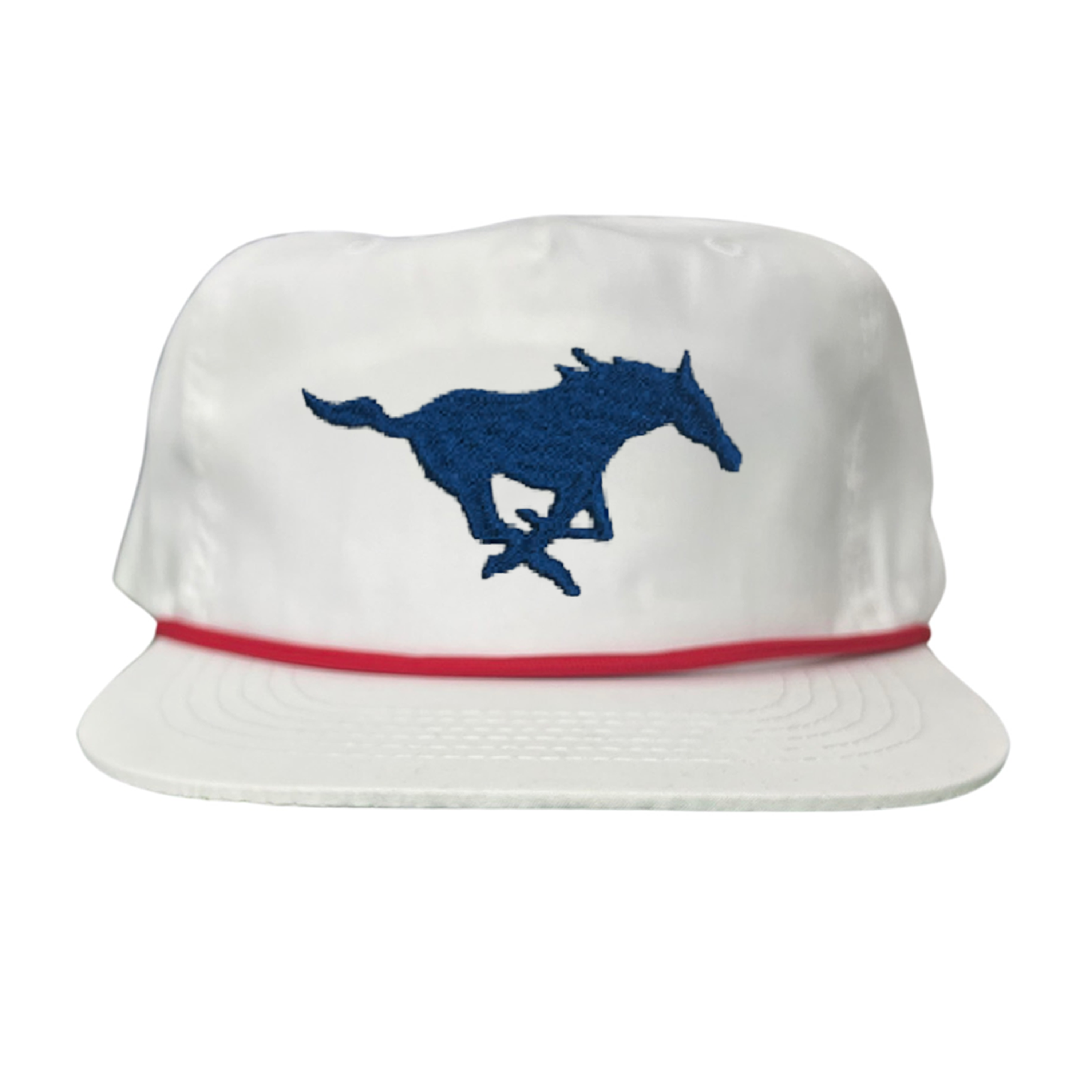 SMU Mustang embroidered snapback hat in white, blue, and red.
