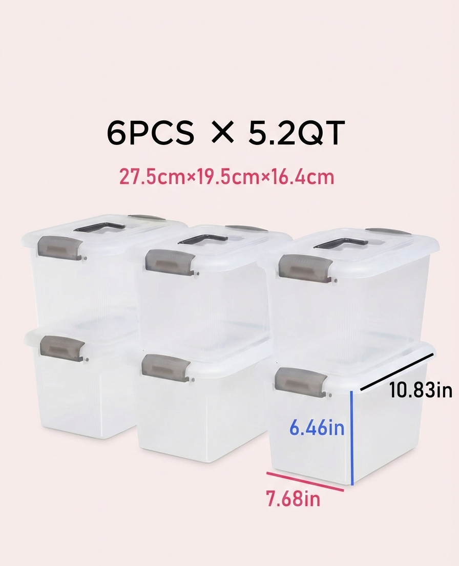 Set of 6 Stackable Clear Plastic Storage Boxes with Handles