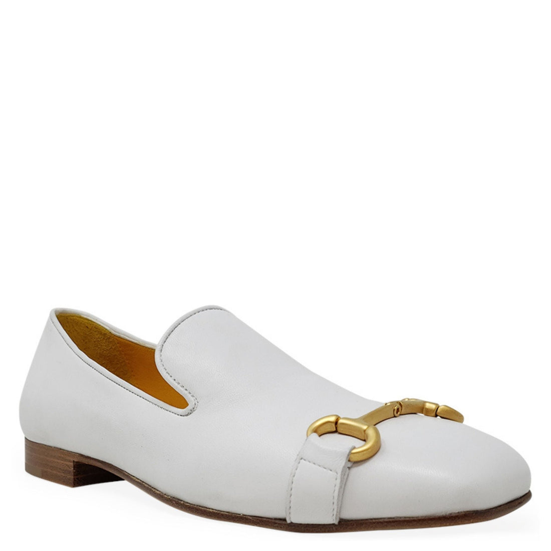 White Leather Square Toe Loafer with Gold Tone Horsebit Detail