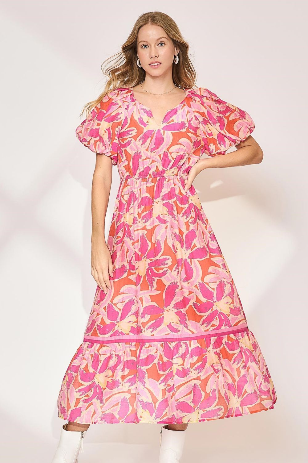A bohemian floral midi dress with a notched neckline and puff sleeves in vibrant colors.