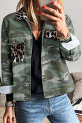 Green Camo Leopard Patchwork Flap Pocket Crop Jacket