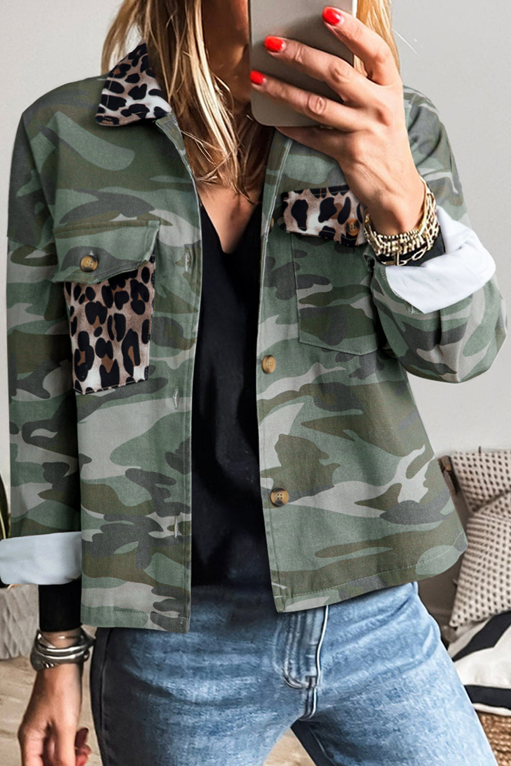 Green Camo Leopard Patchwork Flap Pocket Crop Jacket