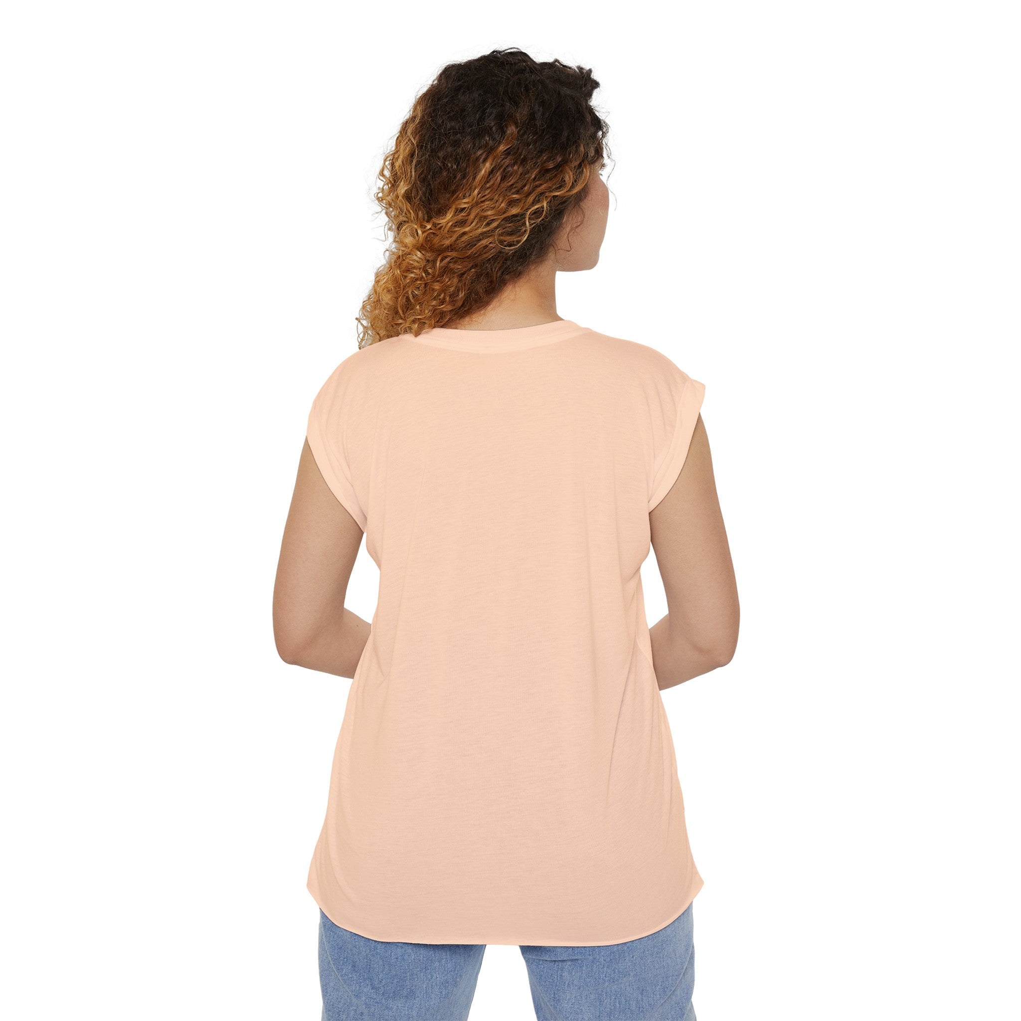 Women’s Flowy Muscle Tee with Rolled Cuffs and Hi-Low Hem