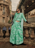 Monjolika Fashion Sea Green Color Lakhnavi Organza Weaving Work Saree With Blouse