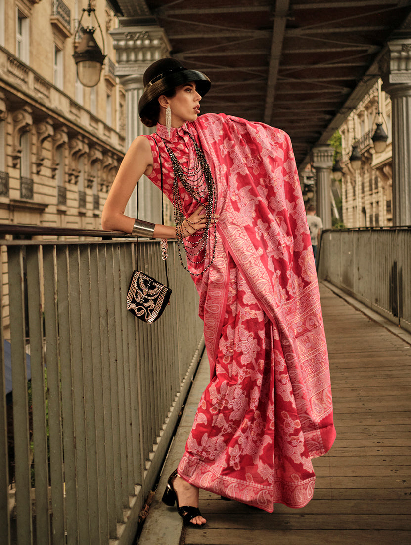 Monjolika Fashion Light Red Color Lakhnavi Organza Weaving Work Saree With Blouse