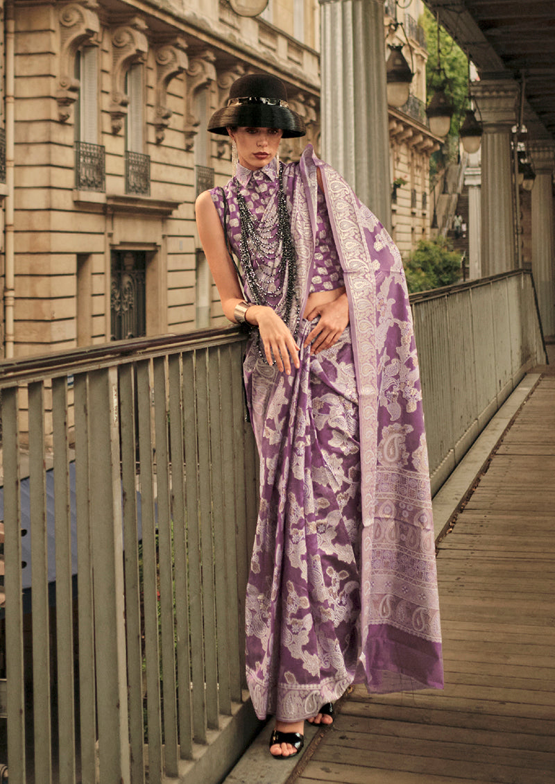 Violet Lakhnavi Organza saree with intricate weaving work and matching blouse