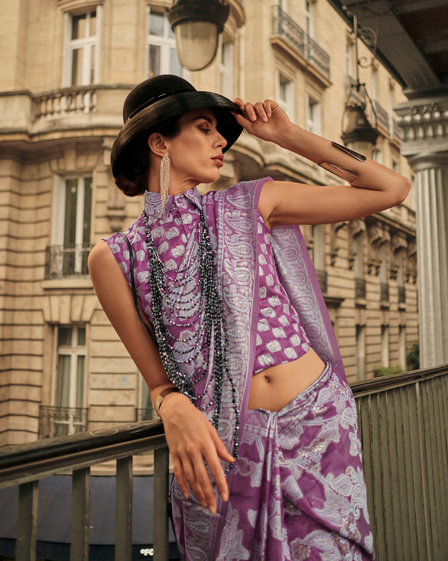 Violet Lakhnavi Organza Weaving Work Saree with Unstitched Blouse