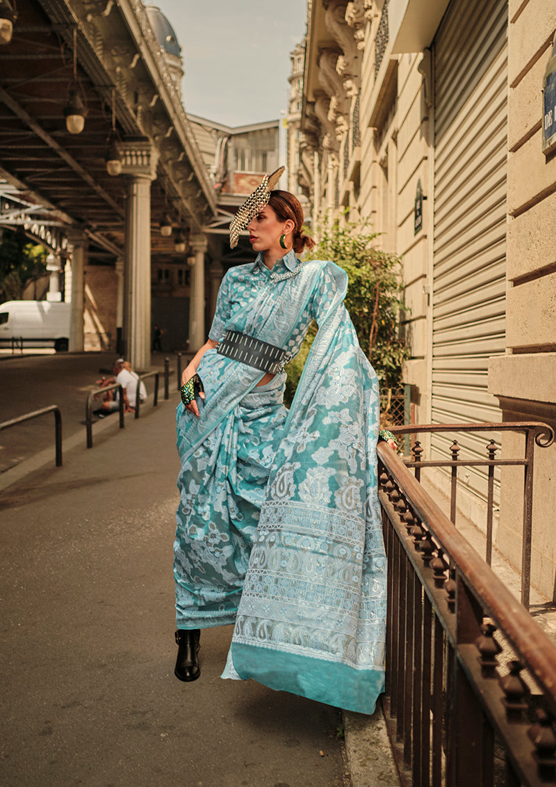 Sky Blue Lakhnavi Organza Saree with Woven Work and Blouse