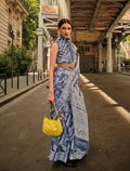 Aegon Blue Lakhnavi organza saree with intricate woven details and matching blouse