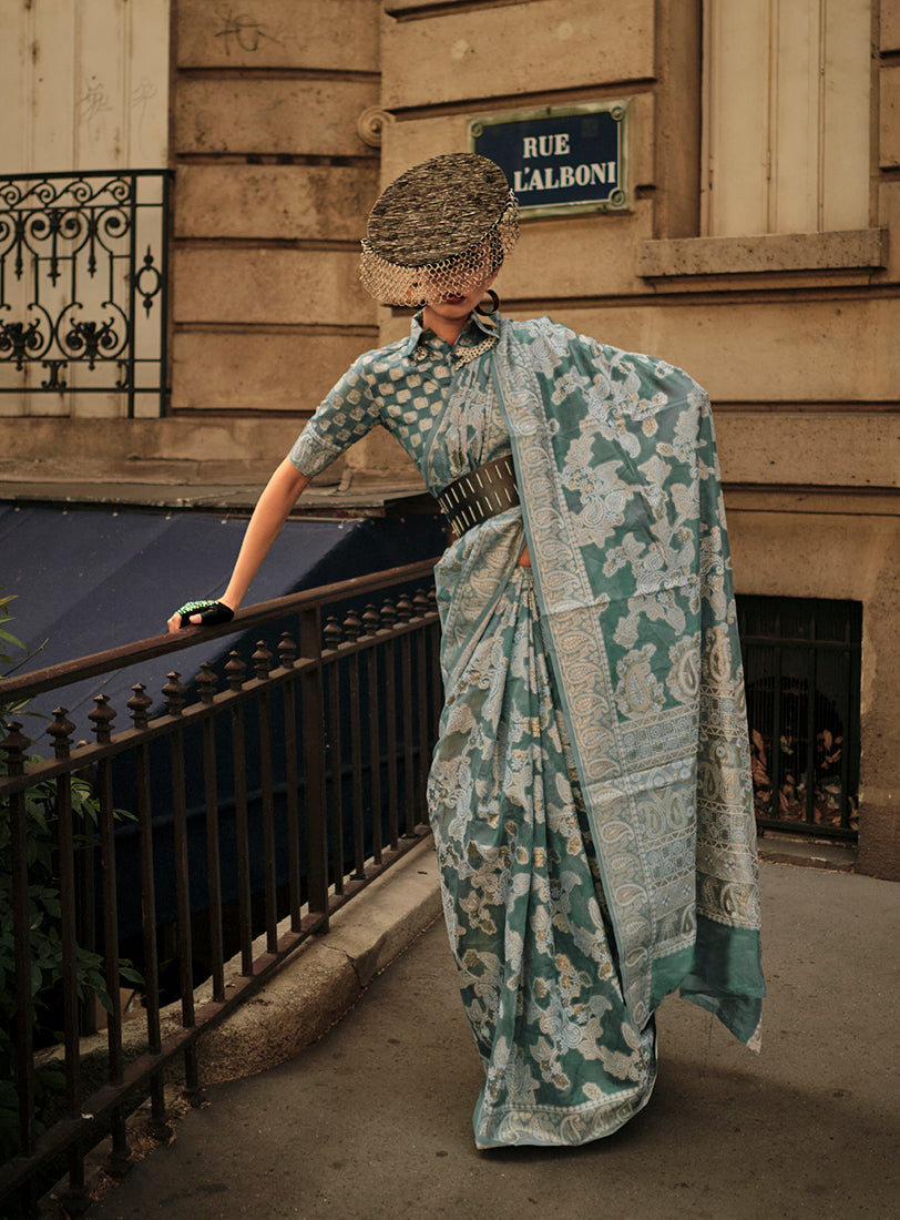 Monjolika Fashion Dusty Green Color Lakhnavi Organza Weaving Work Saree With Blouse