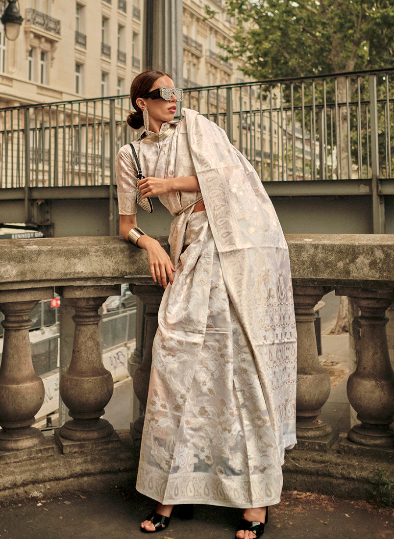 Monjolika Fashion White Color Lakhnavi Organza Weaving Work Saree With Blouse