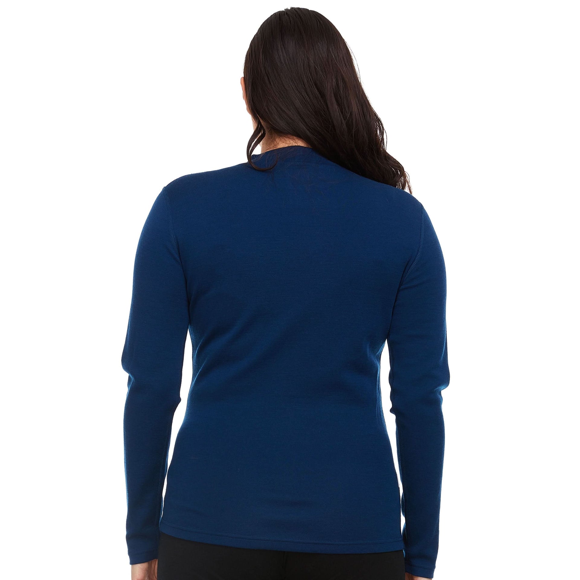 Women's Midweight Merino Wool Mock Neck Sweater in Navy and Black