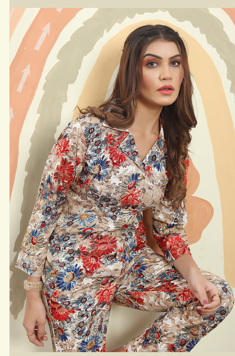 Multicolor Printed Rayon Co-Ord Set: Relaxed Floral Loungewear