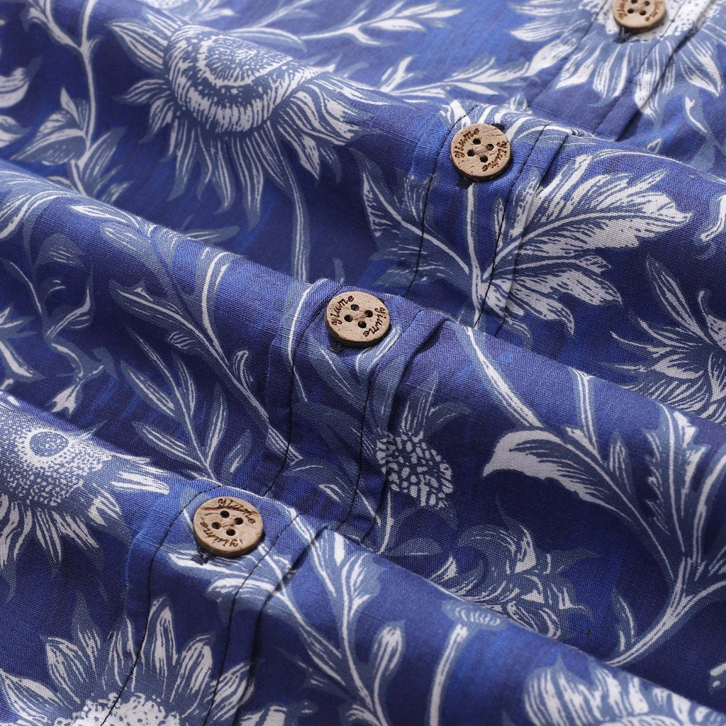 Blue and White Sunflower Print Cotton Short Sleeve Shirt