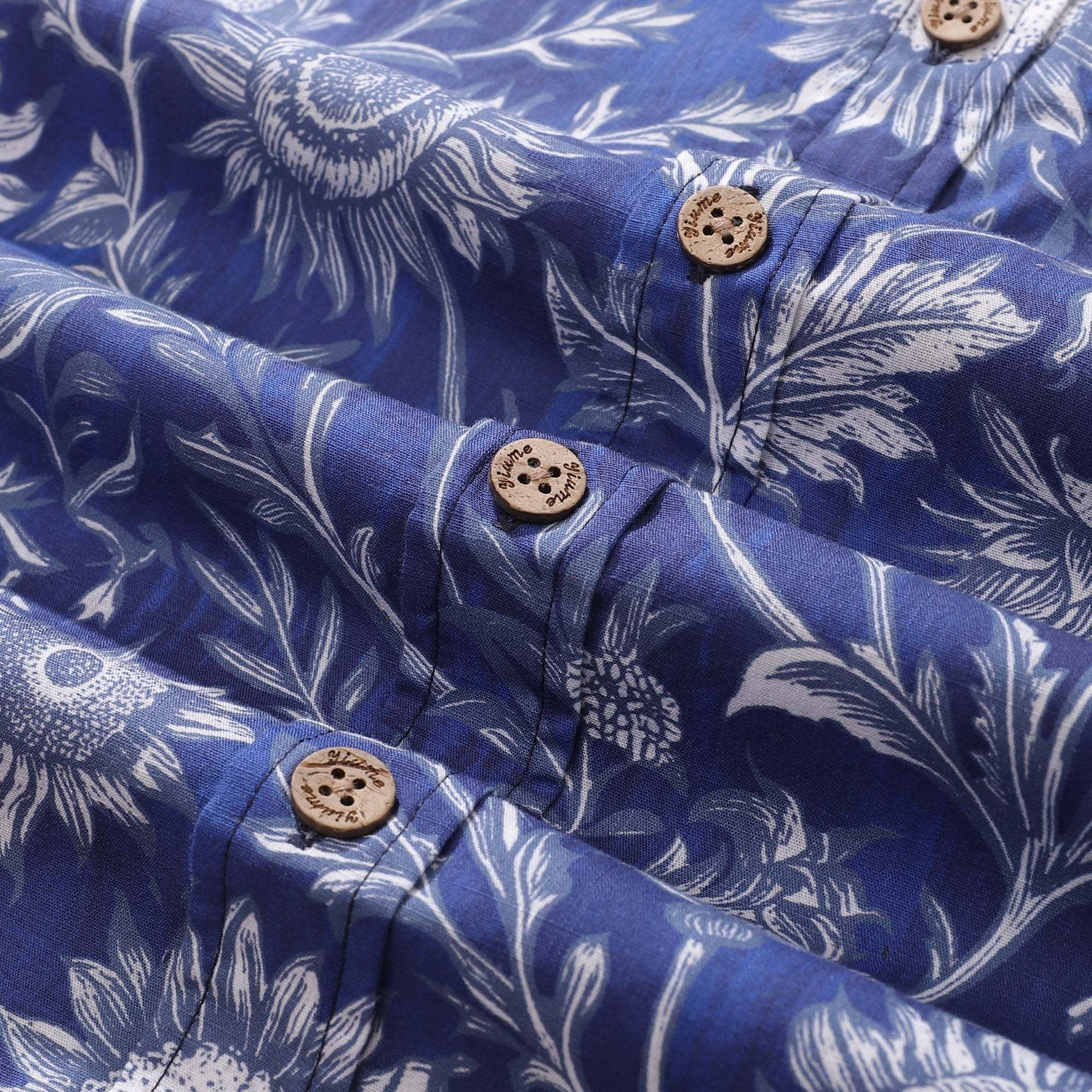 Blue and White Sunflower Print Cotton Short Sleeve Shirt