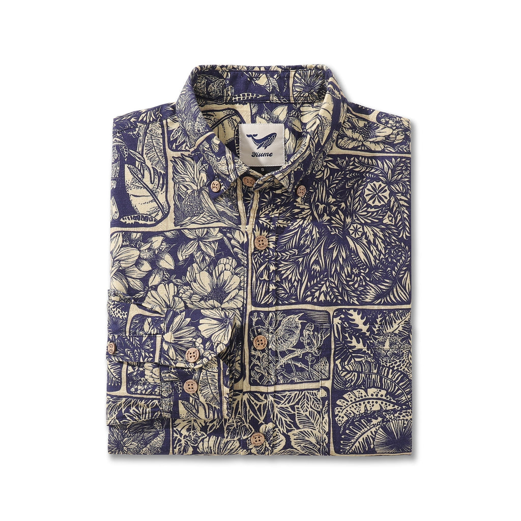 Vintage Jungle Print Long Sleeve Cotton Button-Down Shirt