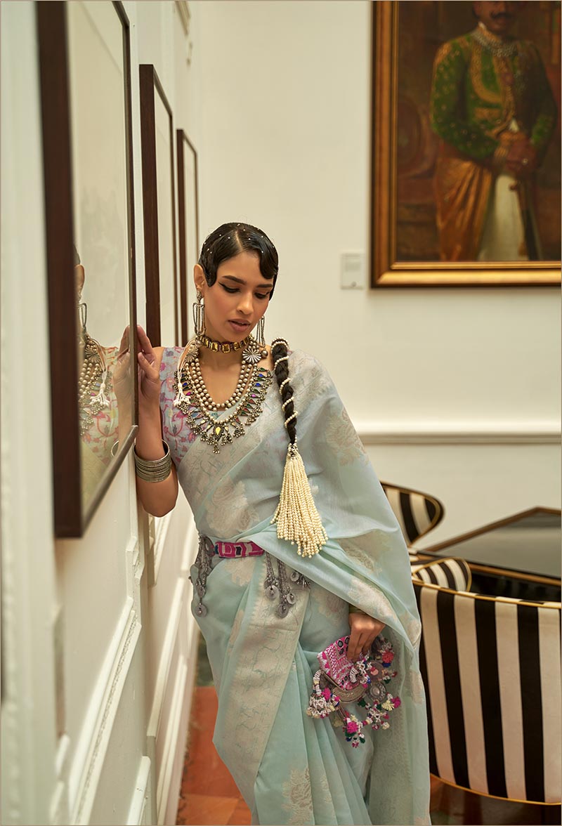 Sky Blue Handloom Weaving Silk Saree with Blouse