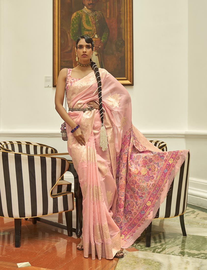 Light pink handloom Pashmini silk saree with traditional weaving work