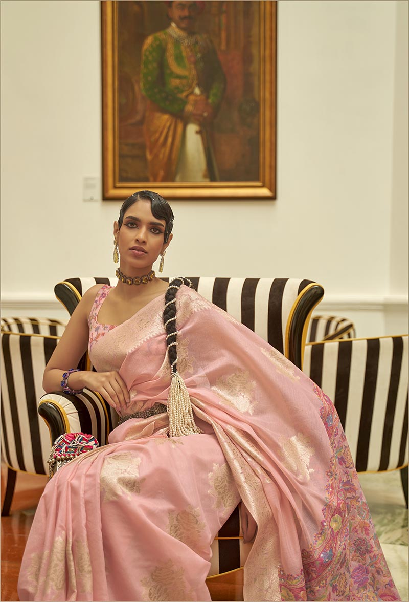 Light Pink Handloom Pashmini Silk Saree with Woven Work