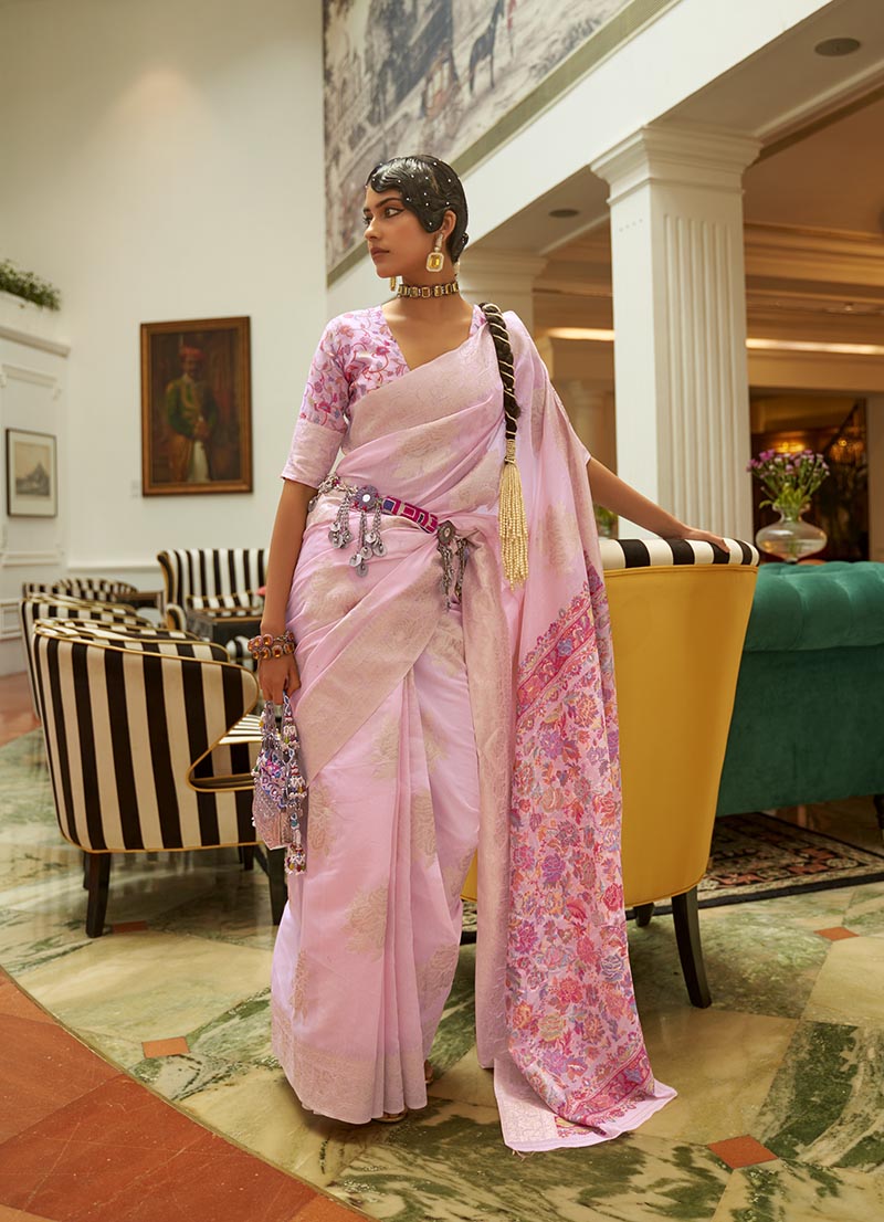 Light Pink handloom Pashmini silk saree with intricate weaving