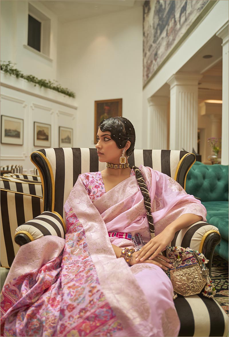 Light Pink Handloom Pashmini Silk Saree with Blouse Piece