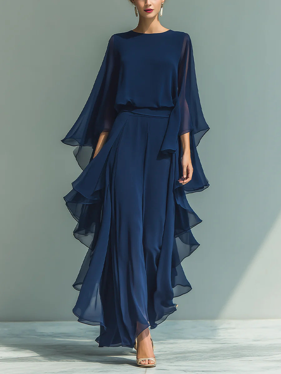Deep Blue Ruffle Wide-Leg Pants Set - Elegant Two-Piece Outfit