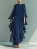 Deep Blue Ruffle Wide-Leg Pants Set - Elegant Two-Piece Outfit