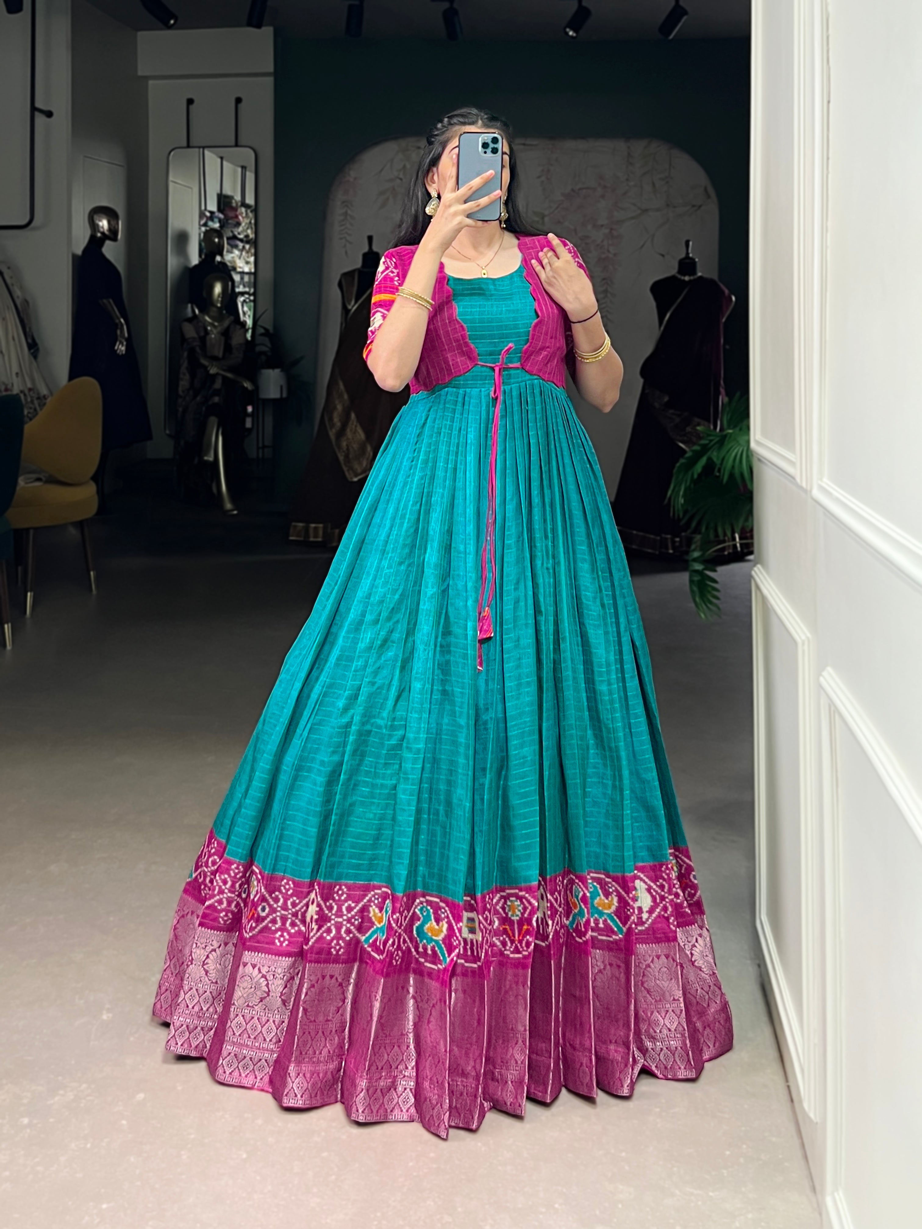 Lorenvalley Fashion Firozi Tussar Chex Patola Print With Weaving Work Border Gown with Koti