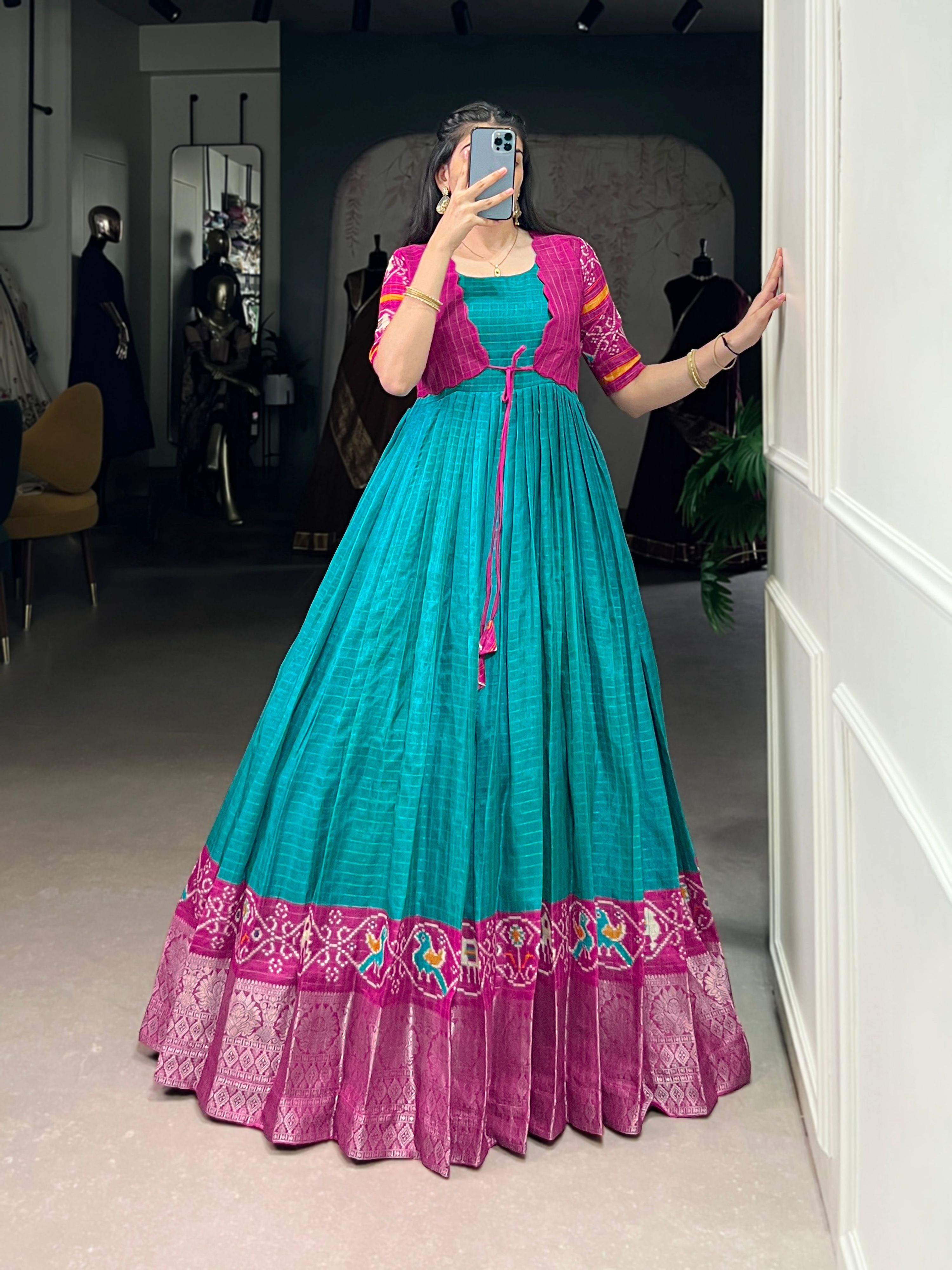 Lorenvalley Fashion Firozi Tussar Chex Patola Print With Weaving Work Border Gown with Koti
