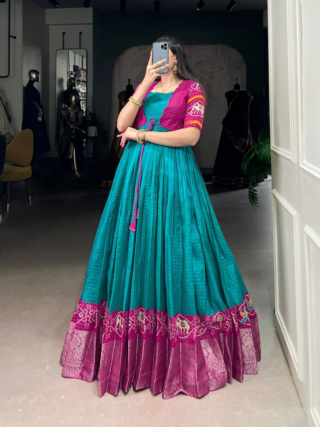 Lorenvalley Fashion Firozi Tussar Chex Patola Print With Weaving Work Border Gown with Koti