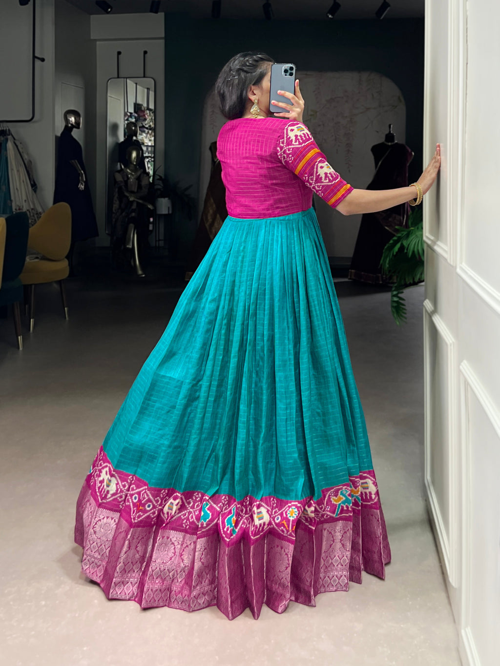 Lorenvalley Fashion Firozi Tussar Chex Patola Print With Weaving Work Border Gown with Koti