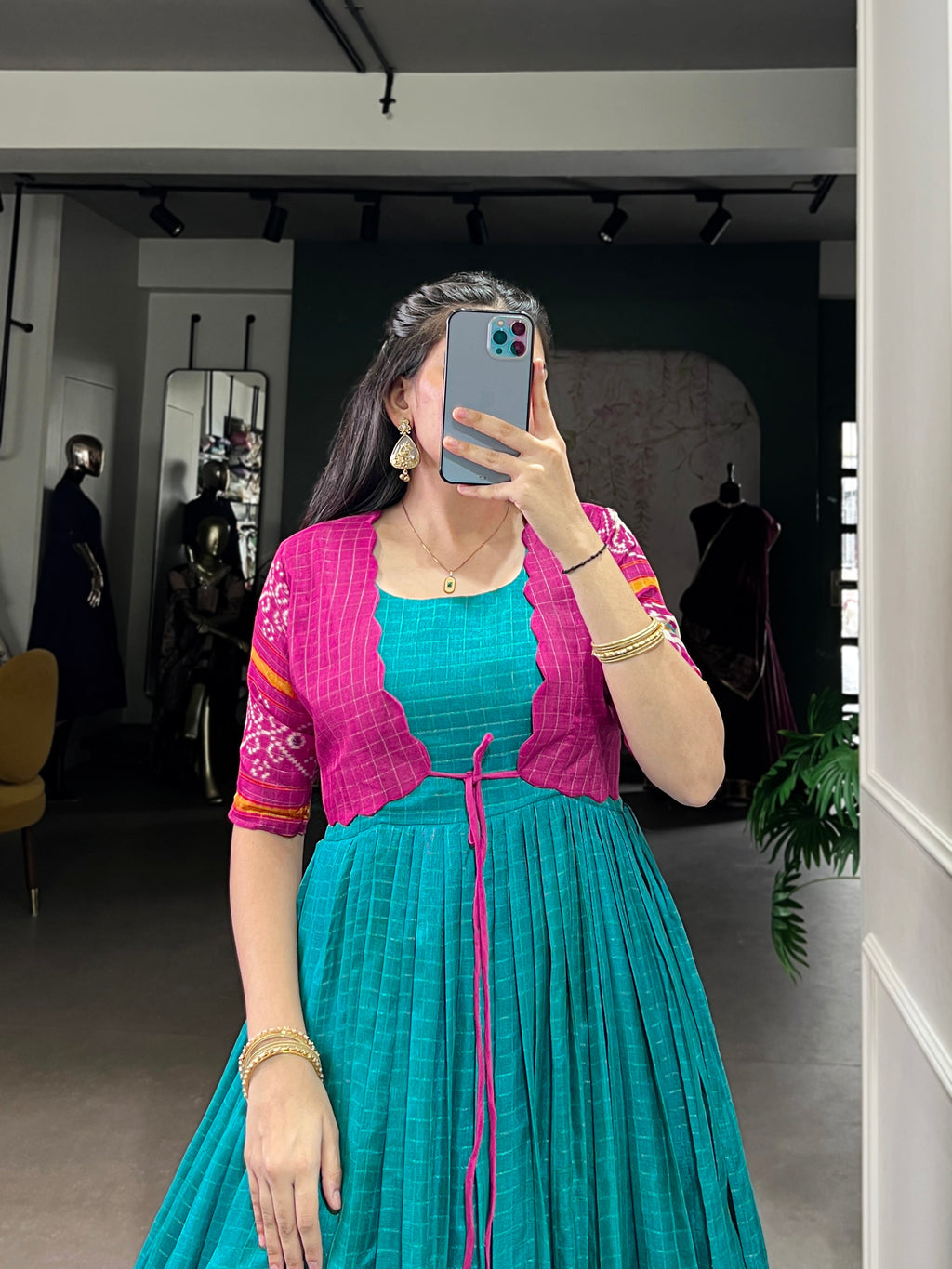 Lorenvalley Fashion Firozi Tussar Chex Patola Print With Weaving Work Border Gown with Koti