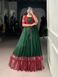Green and maroon Tussar Chex gown with Patola print and weaving work border