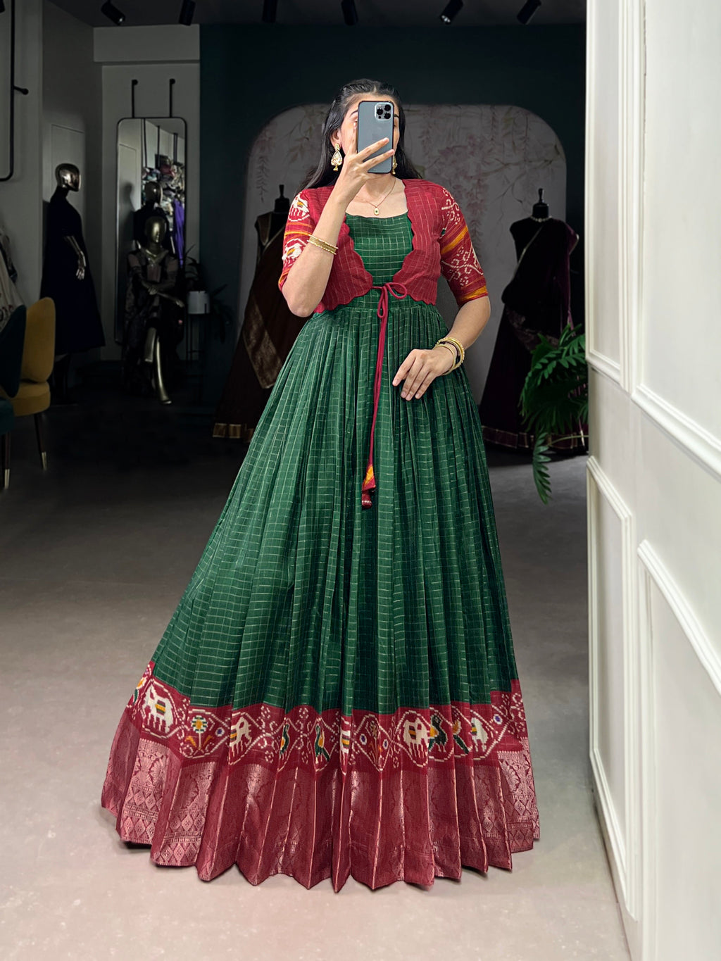 Green and Maroon Tussar Chex Patola Print Gown with Weaving Border