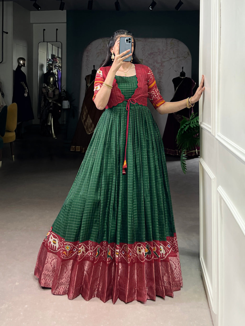 Green and Maroon Tussar Chex Patola Print Gown with Weaving Border