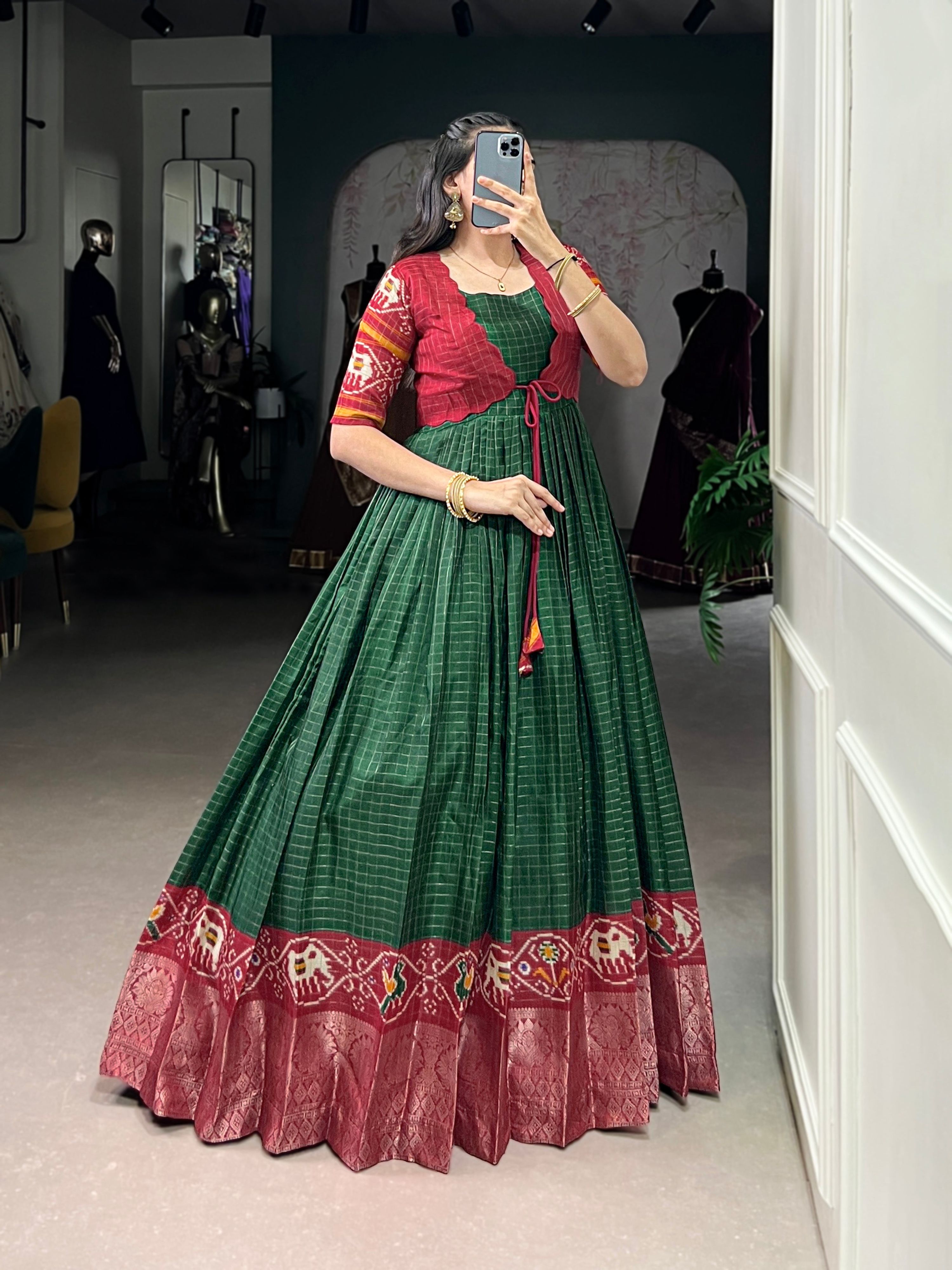 Green and Maroon Tussar Chex Patola Print Gown with Weaving Border