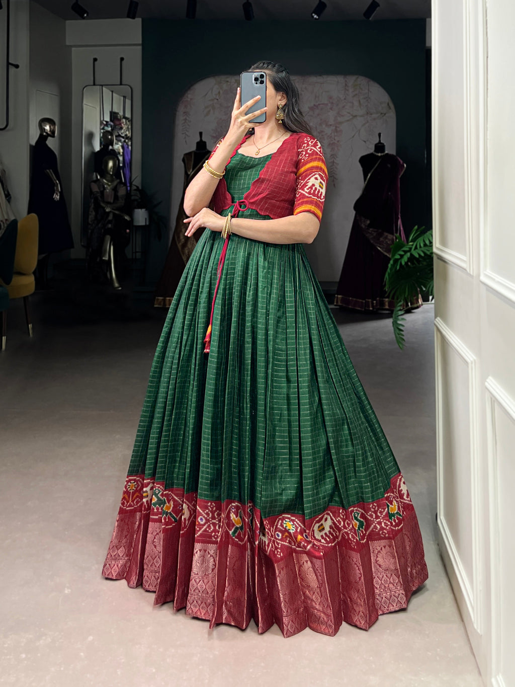 Green and Maroon Tussar Chex Patola Print Gown with Weaving Border