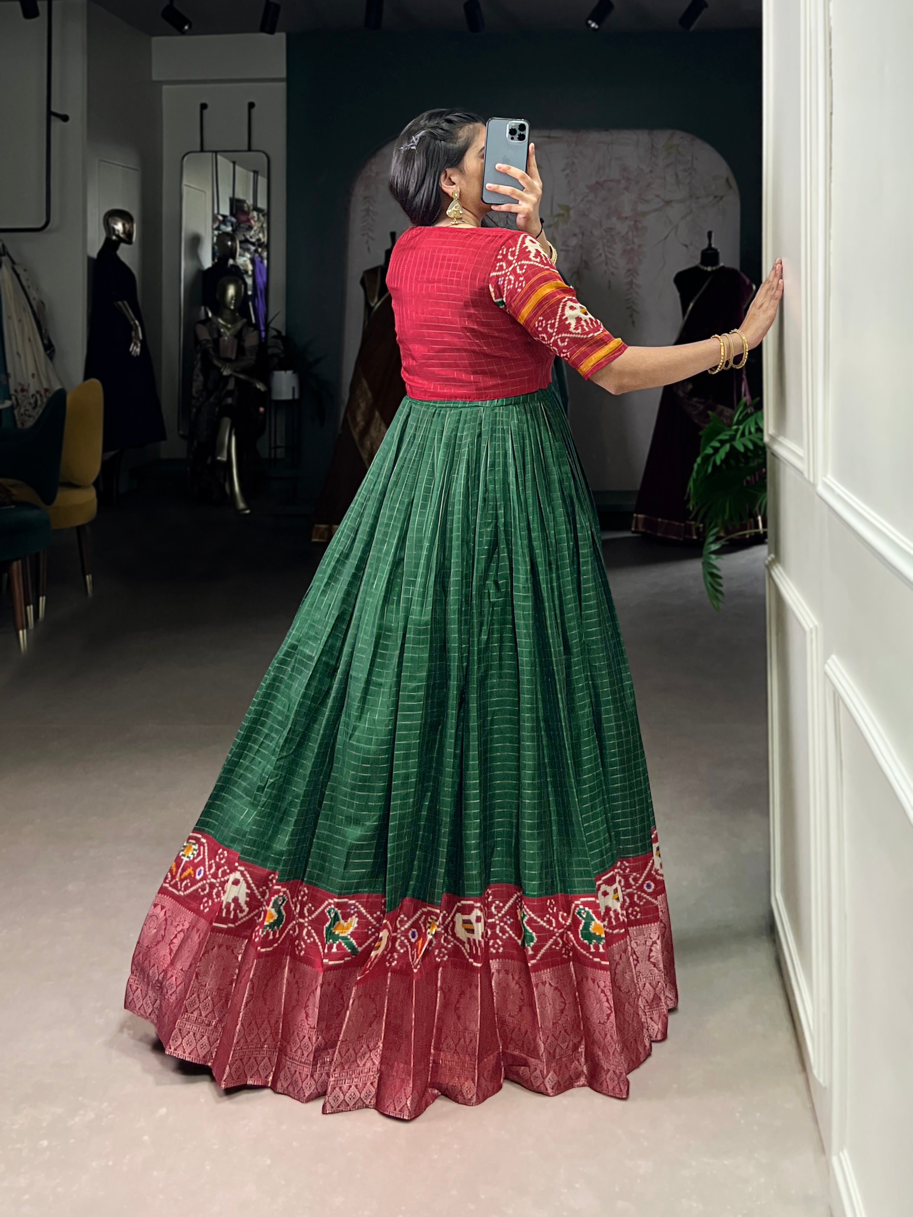 Green and Maroon Tussar Chex Patola Print Gown with Weaving Border