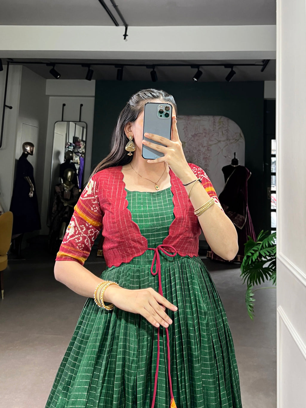 Green and Maroon Tussar Chex Patola Print Gown with Weaving Border
