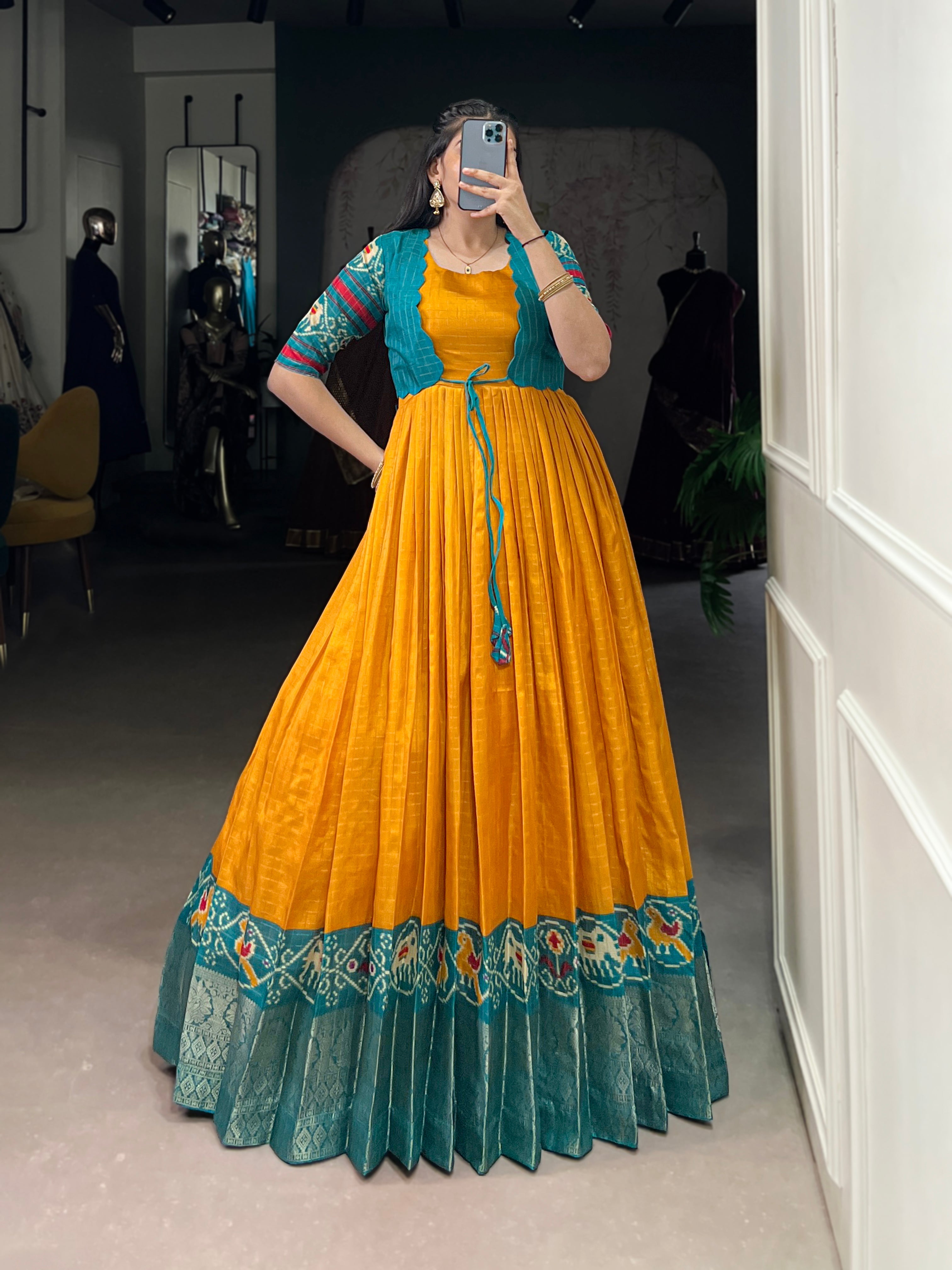 Lorenvalley Fashion Mustard Tussar Chex Patola Print With Weaving Work Border Gown with Koti